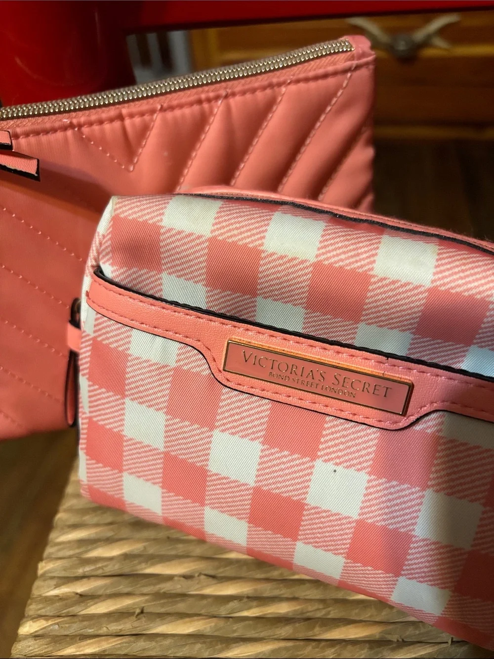 Victoria's Secret Coral Pink Quilted and Gingham Cosmetic Pouch Duo
